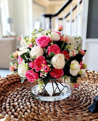 Pink Rose Peony Arrangement Artificial Flower Centerpiece Glass Vase Display Realistic Water Effect Silk Bloom Collection Wedding Table Styling Bridal Shower Gift Lifelike Petal Details Romantic Home Arrangement Maintenance Free Display