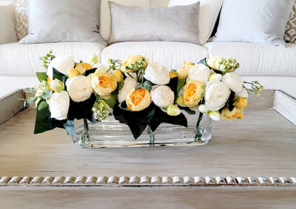 Modern glass vase floral arrangement dining table peony arrangement yellow flower arrangement long glass elegant arrangement gift for her
