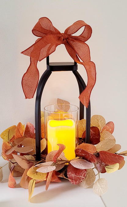 Farmhouse Lantern Decor Fall Decoration Flame-less Candle Decor Lighting Fixture Rustic Lantern Table arrangement Fall Leaves Autumn Wreath