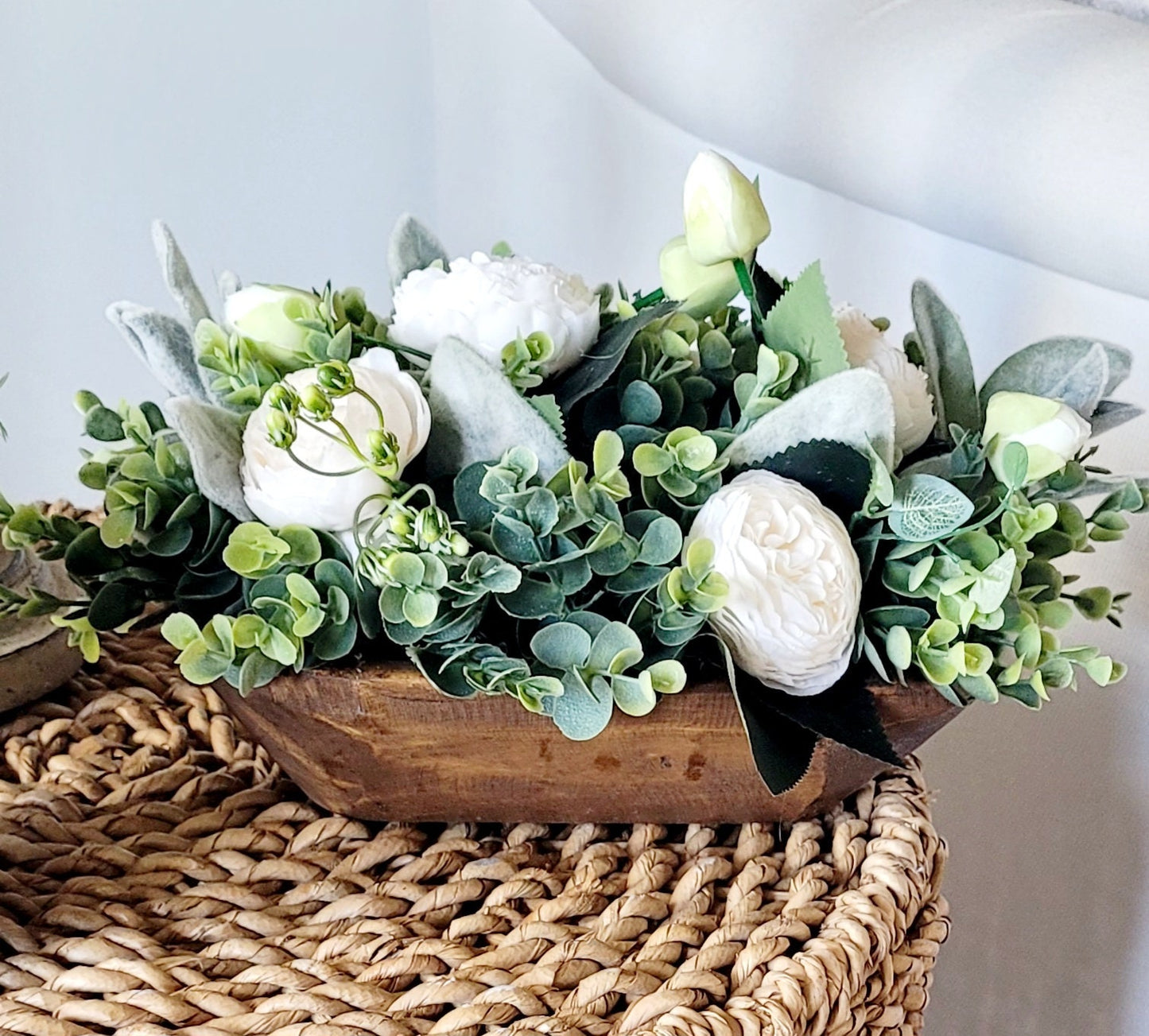 Wedding Reception Centerpiece Rustic Peony Arrangement Nine Inch Dough Bowl Container Five Inch Wide Display Elegant Floral Design Table Setting Decoration Farmhouse Style Accent Handcrafted Wedding Decor Beautiful Table Focal Point Special