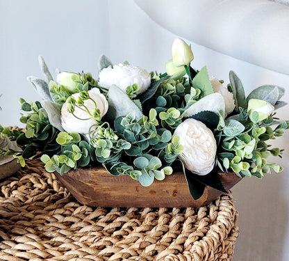 Wedding Reception Centerpiece Rustic Peony Arrangement Nine Inch Dough Bowl Container Five Inch Wide Display Elegant Floral Design Table Setting Decoration Farmhouse Style Accent Handcrafted Wedding Decor Beautiful Table Focal Point Special