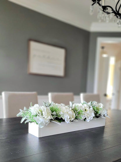 Farmhouse Table Centerpiece – Rustic Wooden Box with Silk Hydrangea Flowers