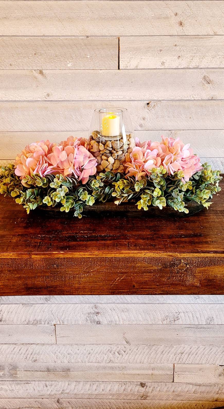 Rustic Wood Floral Centerpiece Hydrangea Farmhouse Dough Bowl Pink Hydrangea Farmhouse Arrangement Candle Centerpiece Dough Bowl Decor