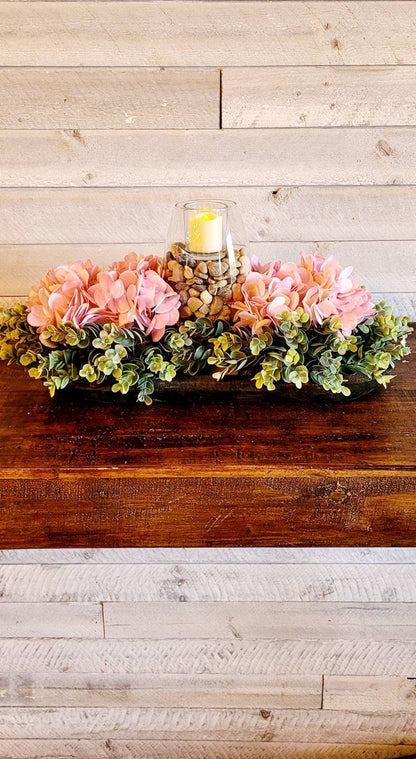 Rustic Wood Floral Centerpiece Hydrangea Farmhouse Dough Bowl Pink Hydrangea Farmhouse Arrangement Candle Centerpiece Dough Bowl Decor