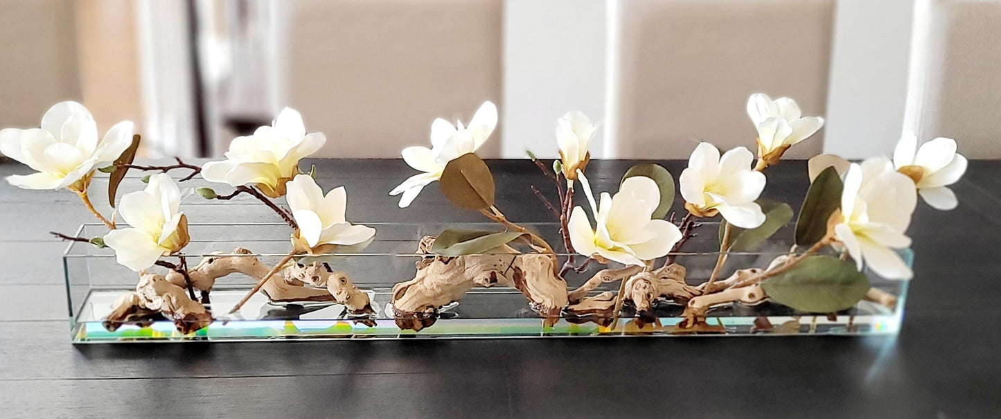 Glass Vase Centerpiece – Elegant Silk Magnolia Arrangement for Dining Table & Mantle