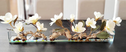 Glass Vase Centerpiece – Elegant Silk Magnolia Arrangement for Dining Table & Mantle