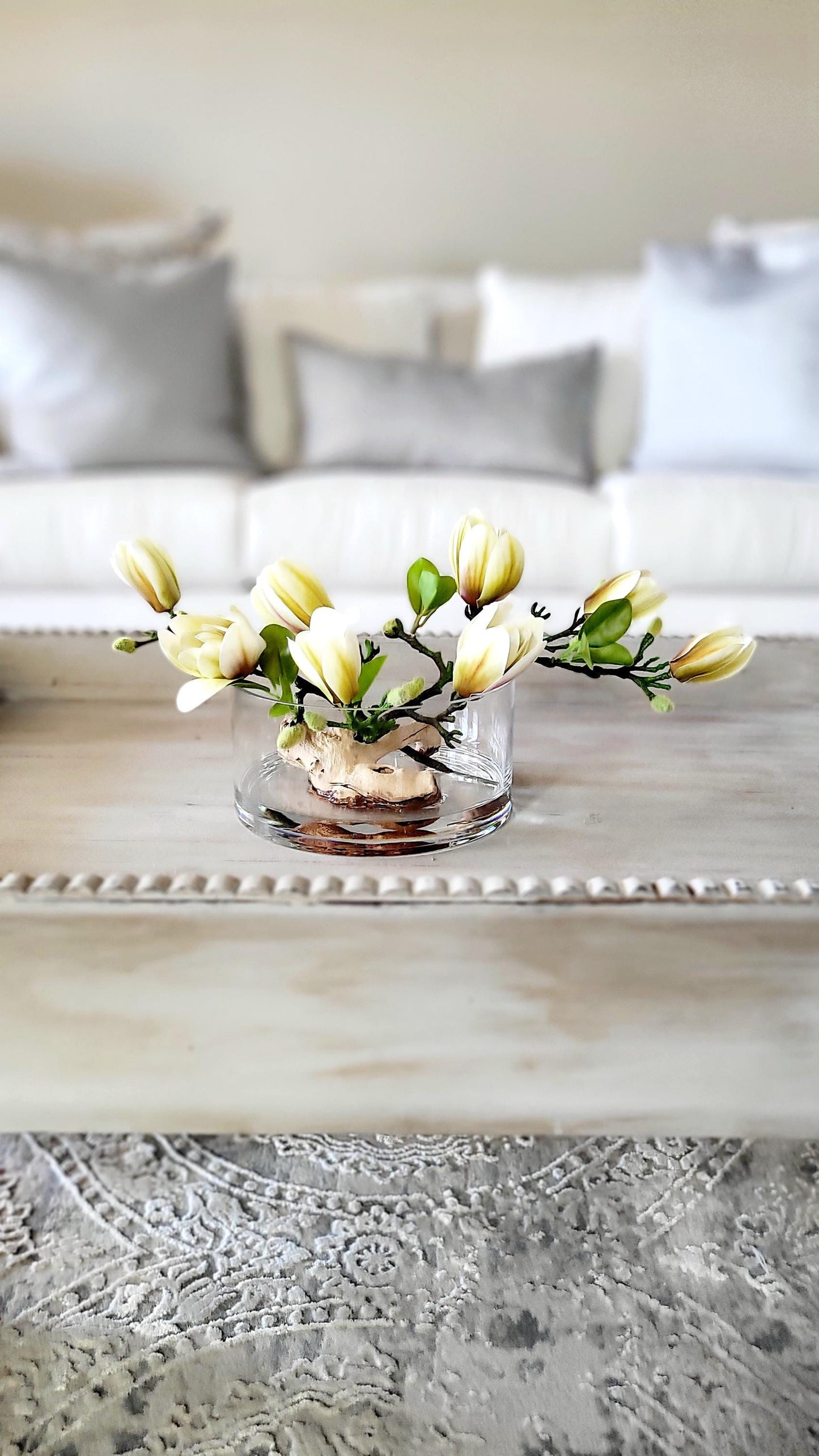 Artificial Orchid Arrangement – Silk Centerpiece in Round Glass Vase for Dining Table