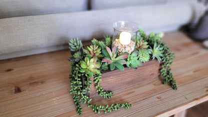 Succulent arrangement wood box succulent decoration client gift new home bathroom decor spa decor faux succulent candle centerpiece candle