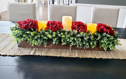 Fall Table Decoration Fall Centerpiece Fall Faux Flower Arrangement Farmhouse Mantle Fall Decor Burgundy Hydrangea Long Wood Box Autumn Deco