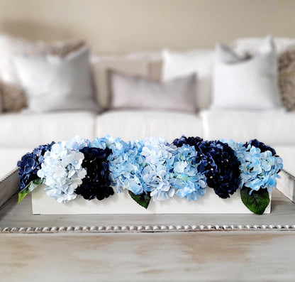 Navy Blue Flower Blue Hydrangea Arrangement French country Decor wood box Arrangement Blue Flower Centerpiece Blue white Floral Arrangement