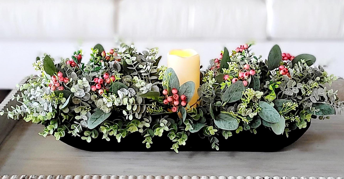 Dough Bowl Centerpiece  Greenery Arrangement Farmhouse Arrangement Candle Centerpiece Country Decor Holiday Arrangement Decor Berry decor