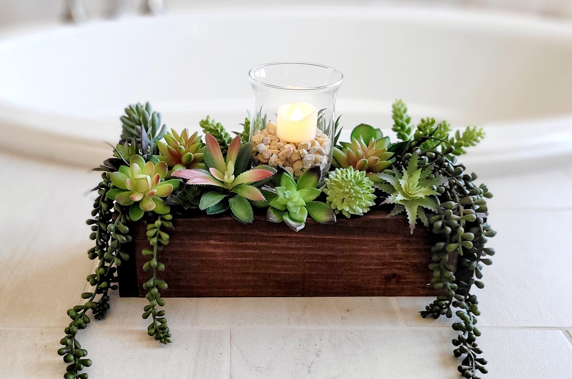Customizable Wooden Planter Box Faux Succulent Arrangement Flameless Candle Feature Perfect Table Centerpiece Modern Farmhouse Style Maintenance Free Greenery Ideal Housewarming Gift Office Desk Accent Versatile Home Decoration Realistic