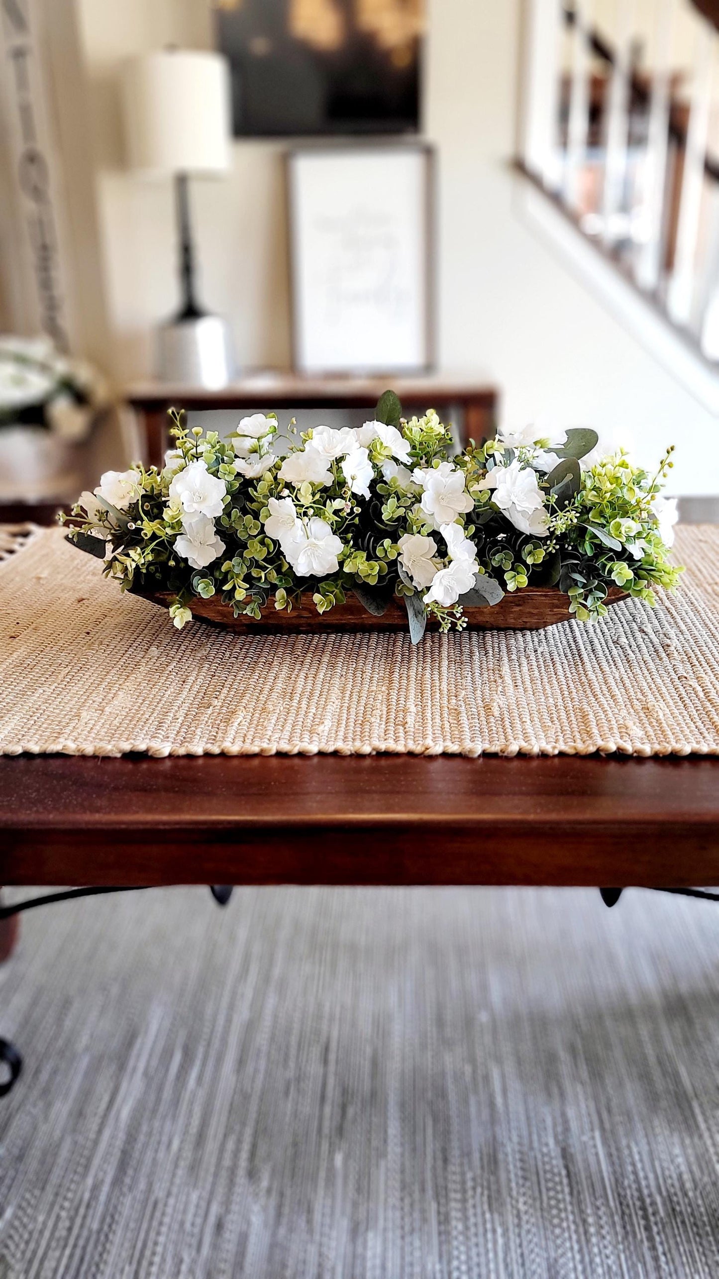 Rustic Dough Bowl Arrangement Farmhouse Style Centerpiece White Flower Display Dining Table Decor Coffee Table Accent Living Room Decoration Artificial Greenery Design Country Home Styling Wooden Bowl Creation Long Table Focal Point