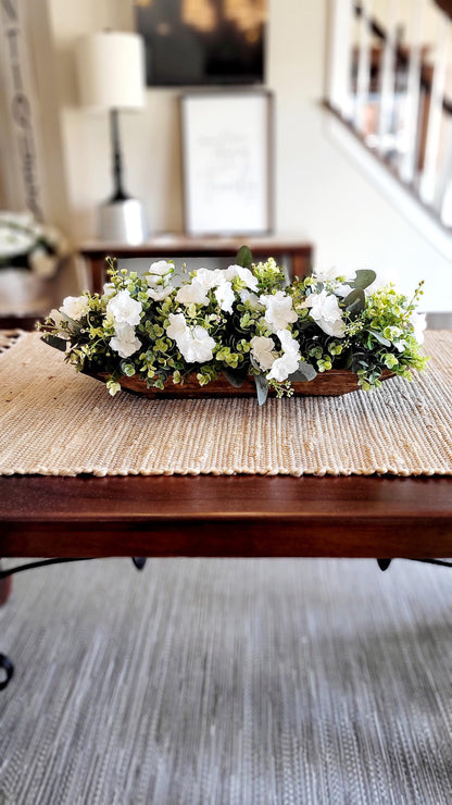 Rustic Dough Bowl Arrangement Farmhouse Style Centerpiece White Flower Display Dining Table Decor Coffee Table Accent Living Room Decoration Artificial Greenery Design Country Home Styling Wooden Bowl Creation Long Table Focal Point