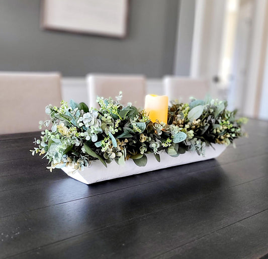 Dining Room Table Arrangement Dough Bowl Farmhouse Table Decor Greenery Spring style Centerpiece candle arrangement greenery kitchen decor