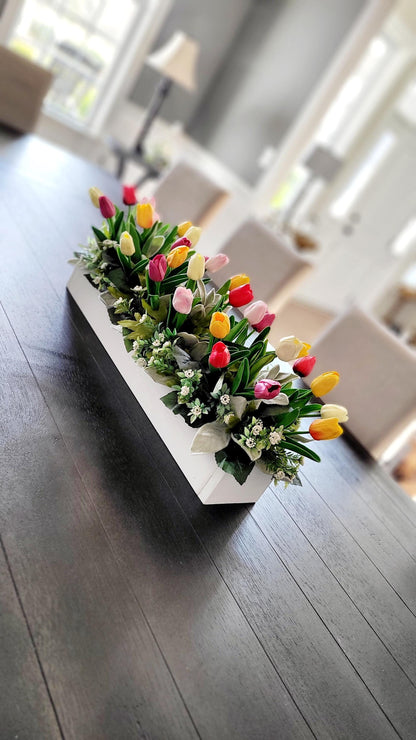 Tulip Flower Arrangement Farmhouse Long Box Tulip Arrangement Spring Flower Centerpiece Real Touch Tulips Mantel Flower Box Easter Flowers