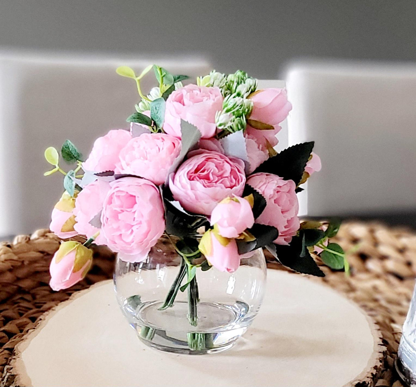Silk Peony Arrangement – Glass Vase Realistic Spring Centerpiece