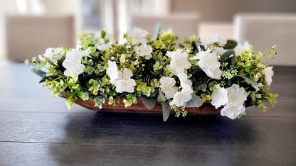 Farmhouse Table Centerpiece – Rustic Dough Bowl with White Floral Arrangement