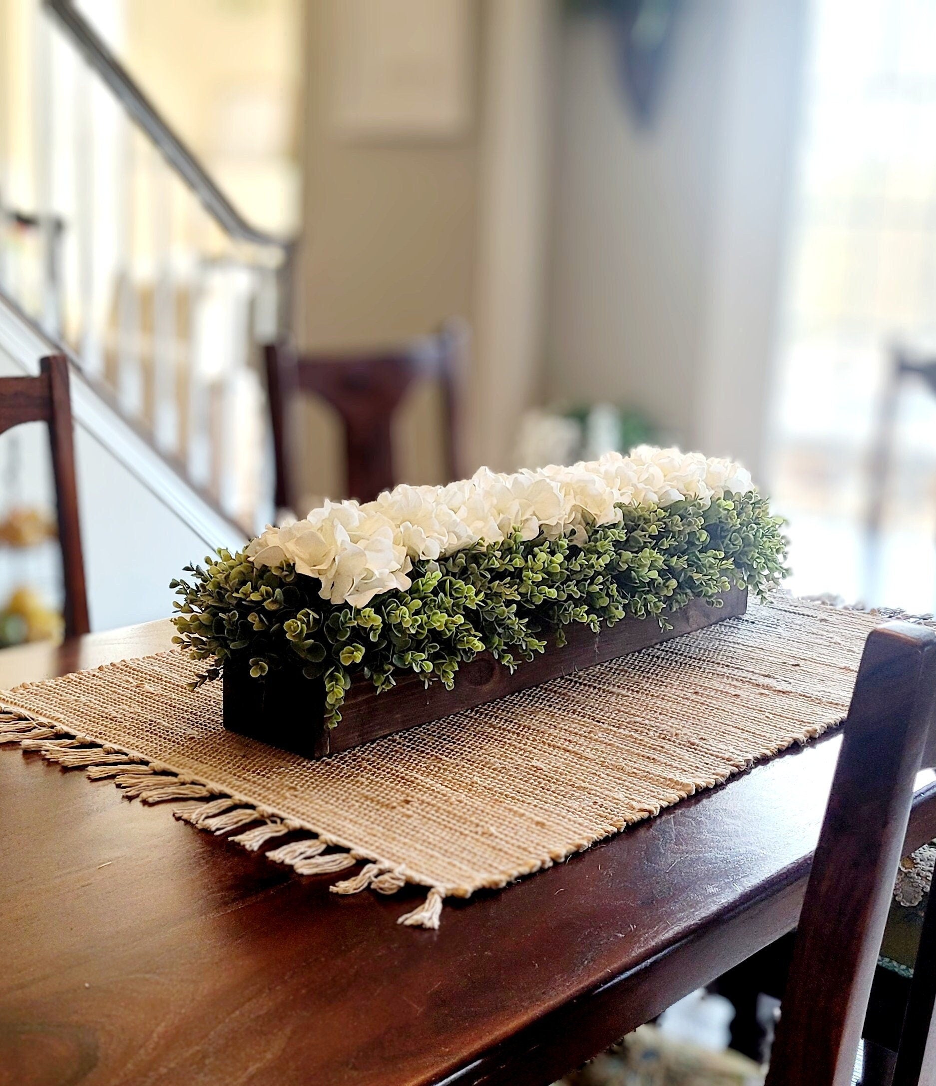 Neutral Hydrangea Display Farmhouse Wooden Box Table Centerpiece Home Decor Accent White Cream Floral Arrangement Kitchen Island Decoration Mantle Display Piece Rustic Style Design Handcrafted Floral Box Twenty Five Inch Statement Piece