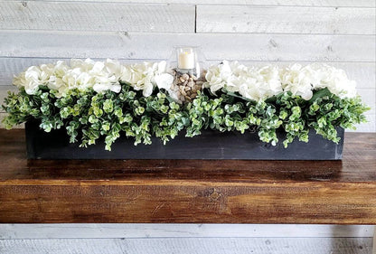 Hydrangea Wood Box Centerpiece For Dining Table Centerpiece For Dining Table Flower Arrangement Mantel Centerpiece Flowers Hydrangea Flower