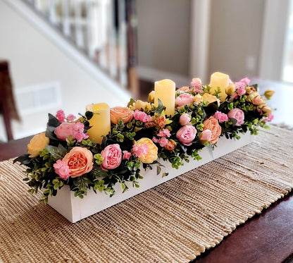 Dining Room Arrangement Peony Silk Flower Coral Flowers Peach Flower Arrangement Spring Table Decor Wood Box Table Centerpiece With Candles