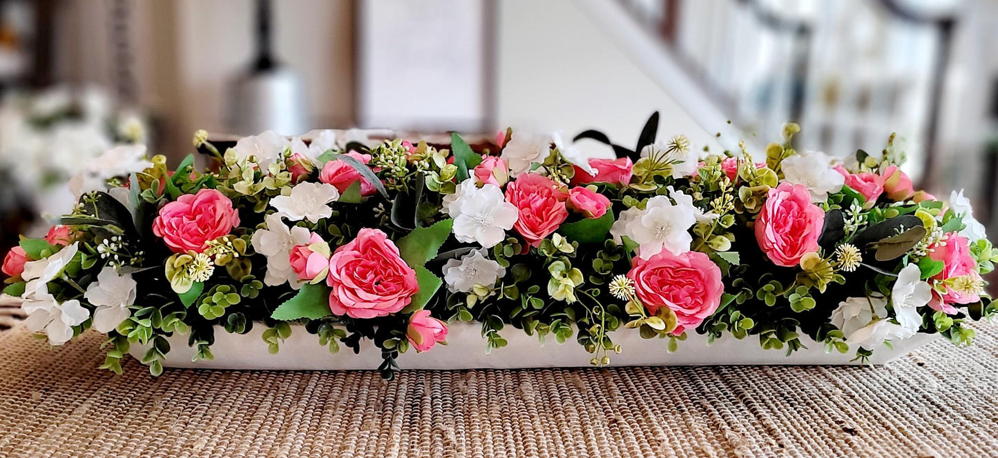 Artificial Rose Centerpiece – Pink White Floral Arrangement in Dough Bowl