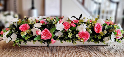 Artificial Rose Centerpiece – Pink White Floral Arrangement in Dough Bowl