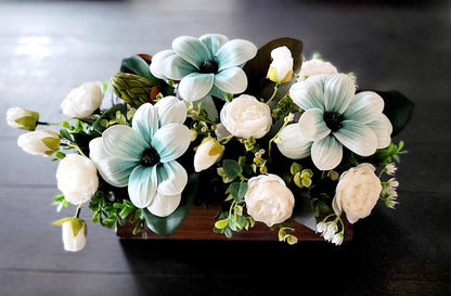 Dining Table Centerpiece – Rustic Wood Box with Magnolia Peony Silk Flower Arrangement