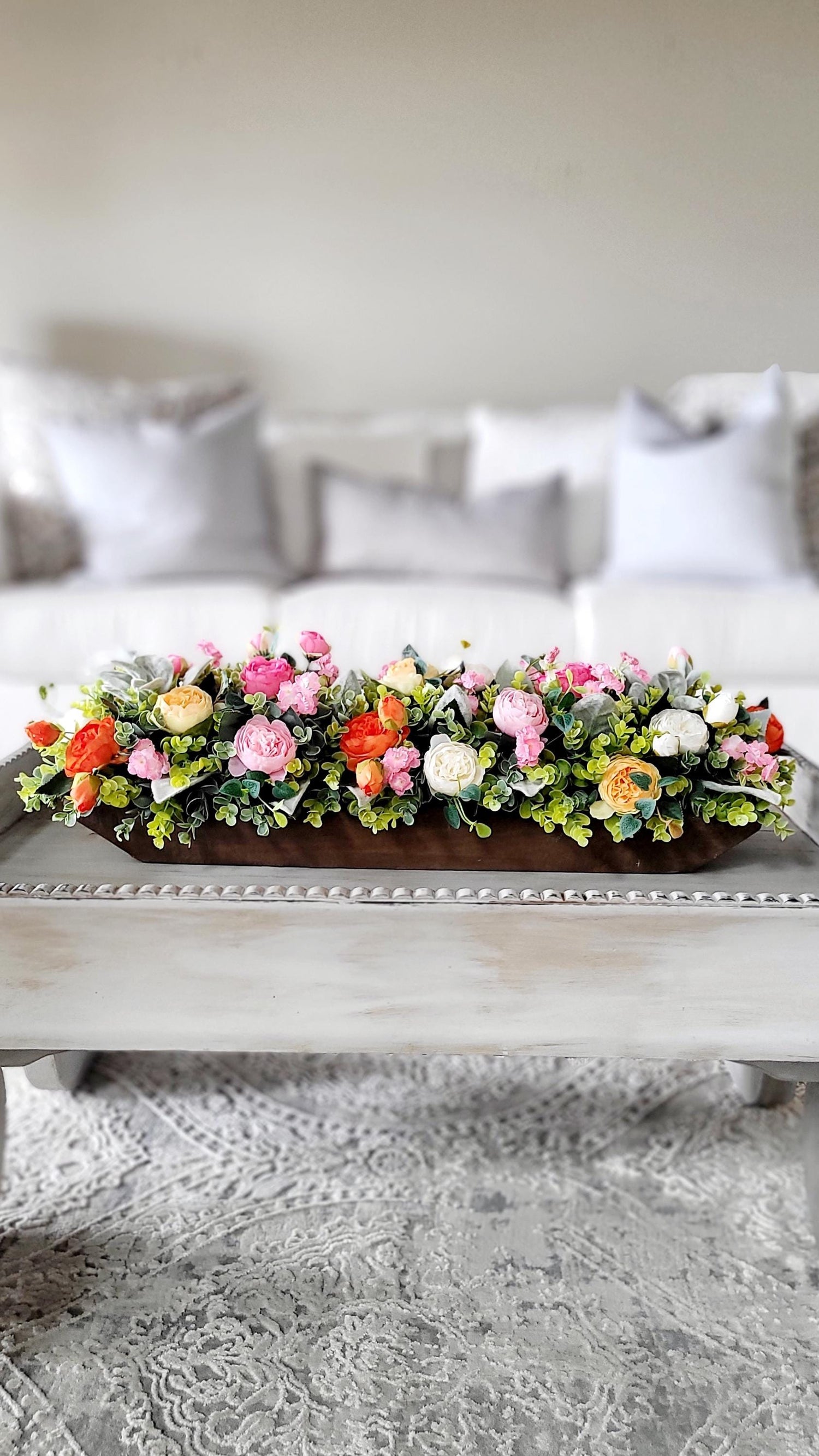 Faux Peony Centerpiece Spring Floral Arrangement Wooden Dough Bowl Display Handcrafted Artificial Flower Collection Silk Peony Blooms Colorful Spring Colors Table Centerpiece Dining Room Accent Farmhouse Style Decor Rustic Home Design