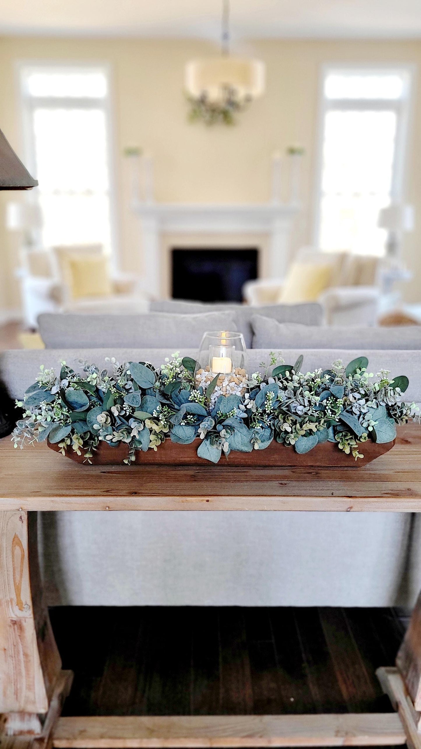 Farmhouse Dough Bowl Arrangement – Rustic Dining Table Centerpiece with Eucalyptus