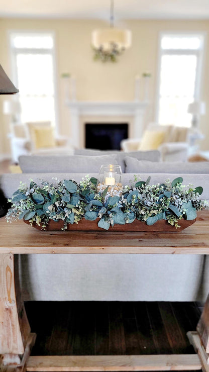 Farmhouse Dough Bowl Arrangement – Rustic Dining Table Centerpiece with Eucalyptus