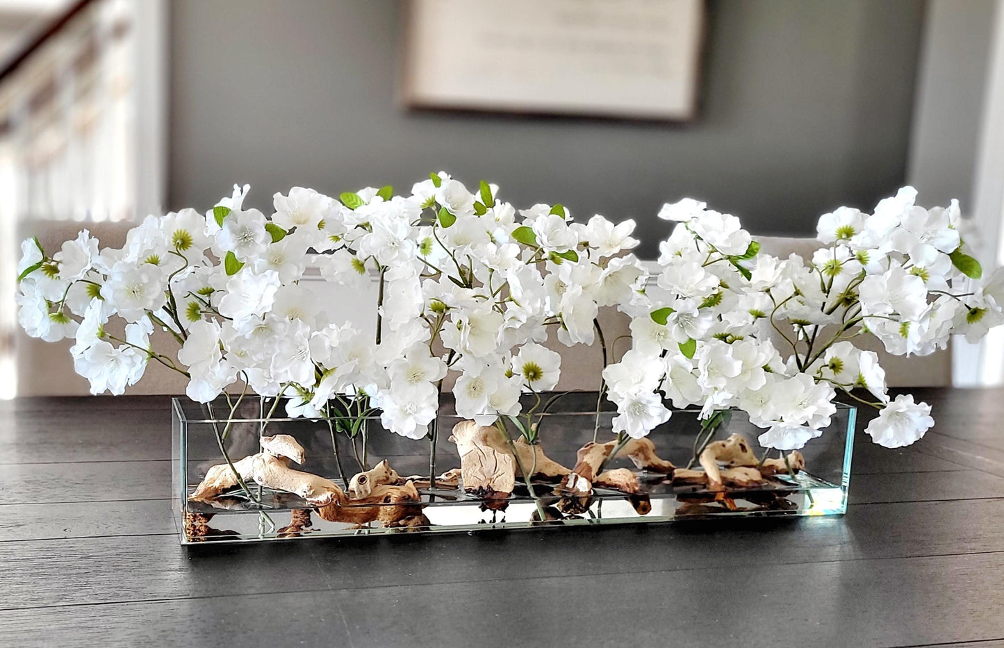 Cherry Blossom Arrangement dining table centerpiece elegant arrangement modern farmhouse decor artificial water arrangement long glass vase