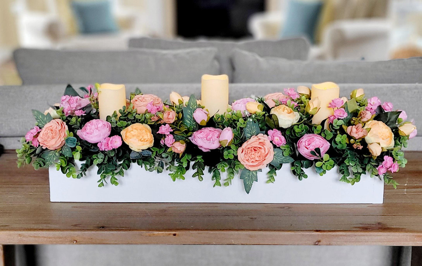 Dining Room Arrangement Peony Silk Flower Coral Flowers Peach Flower Arrangement Spring Table Decor Wood Box Table Centerpiece With Candles