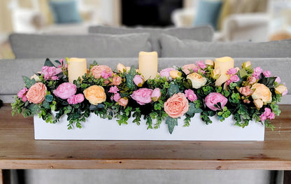 Dining Room Arrangement Peony Silk Flower Coral Flowers Peach Flower Arrangement Spring Table Decor Wood Box Table Centerpiece With Candles