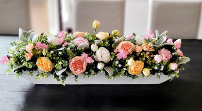 Peach Flower Centerpiece – Silk Arrangement in Rustic Dough Bowl