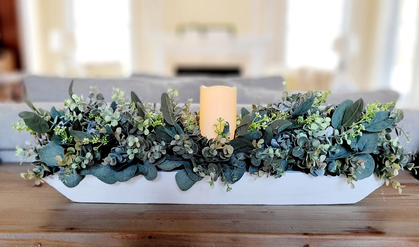 Dining Room Table Arrangement Dough Bowl Farmhouse Table Decor Greenery Spring style Centerpiece candle arrangement greenery kitchen decor