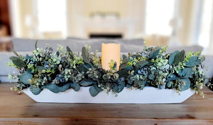 Dining Room Table Arrangement Dough Bowl Farmhouse Table Decor Greenery Spring style Centerpiece candle arrangement greenery kitchen decor