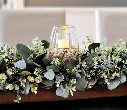 Natural Greenery Arrangement Wooden Dough Bowl Design Farmhouse Table Centerpiece Faux Eucalyptus Display Rustic Home Accent Artificial Plant Collection Dining Room Decoration Beautiful Table Setting Enhancement Perfect Year Round Decor