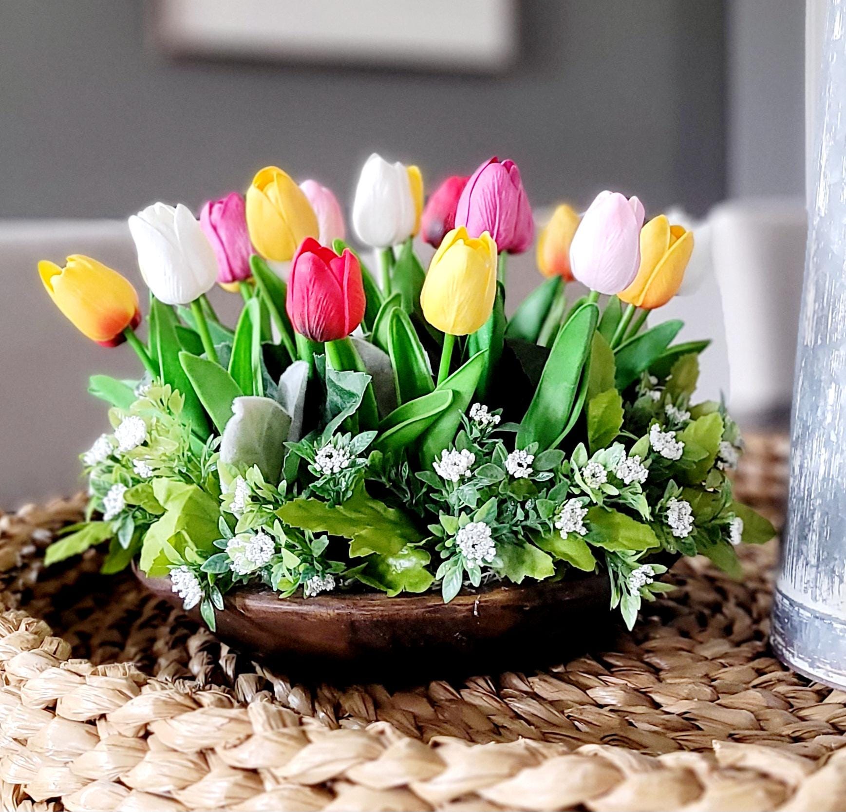 Silk Flower Arrangement Round Table Centerpiece Dough Bowl Design Spring Tulip Collection Dining Table Decoration Elegant Home Accent Artificial Greenery Display Real Touch Flowers Premium Quality Materials Realistic Appearance Farmhouse