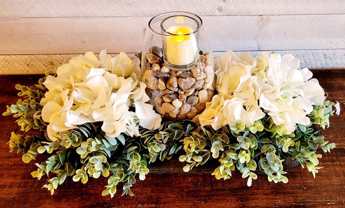 Farmhouse Table Centerpiece – Black Dough Bowl with Hydrangea and Candle Arrangement