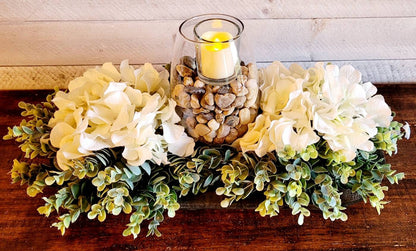 Farmhouse Table Centerpiece – Black Dough Bowl with Hydrangea and Candle Arrangement