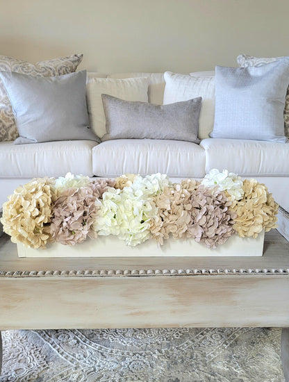 Dining Table Centerpiece – White Hydrangea Floral Arrangement in Farmhouse Box