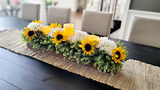 Sunflower Fall Table Arrangement Fall Sunflower Faux White Hydrangea Arrangement Dining Fall Decor Flame-less Candle Fall Table Decor Fall