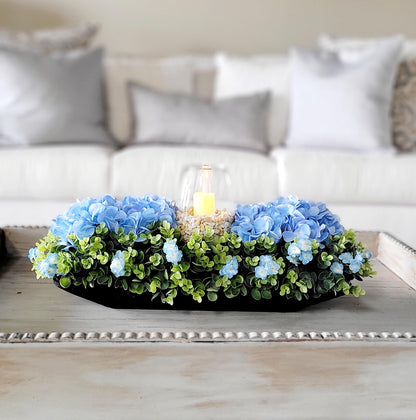Candle Centerpiece Candle Arrangement Farmhouse Decor Blue Hydrangea Arrangement Greenery Arrangement Rustic Table Decor Dining table