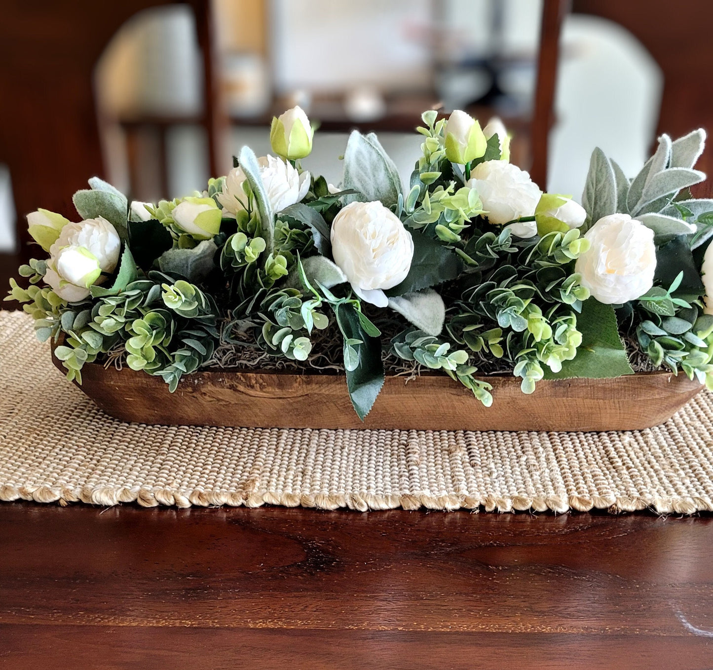 Dough Bowl Farmhouse Arrangement Dining Table Peony Arrangement Hand-Carved Dough Bowl Table Arrangement Dough Bowl Centerpiece Peony Flower