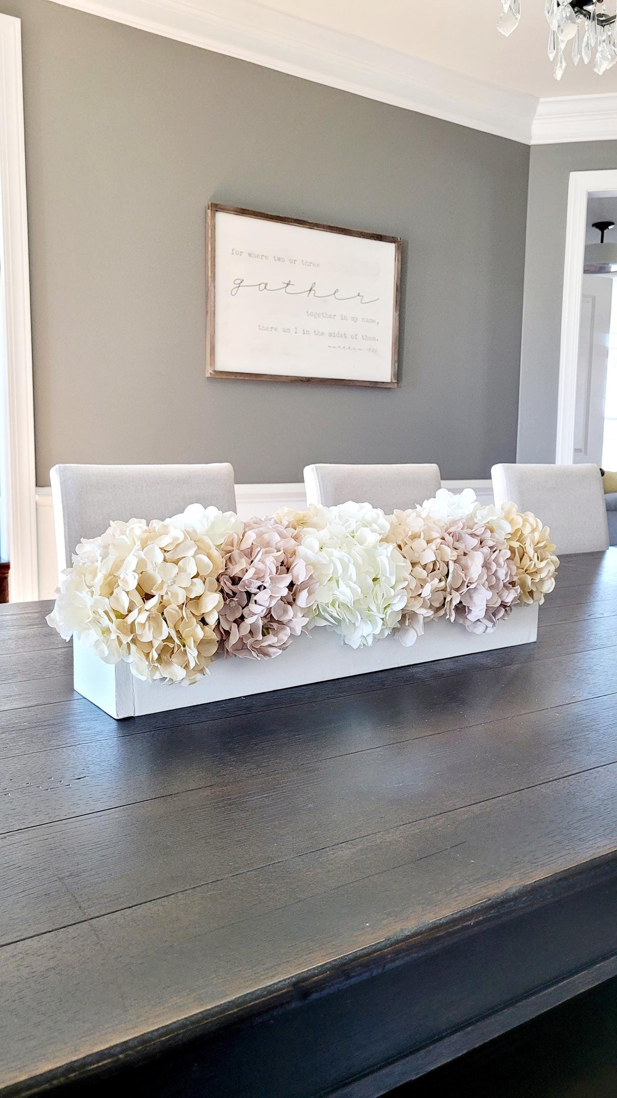 Dining Table Centerpiece White Hydrangea Arrangement Farmhouse Box Decor Silk Faux Flowers Artificial Greenery Custom Wood Container Table Decoration Neutral Color Scheme Boho Style Accent Mantle Display Piece Home Decor Collection Rustic