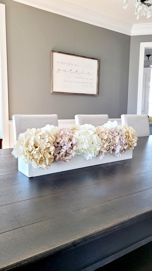 long white arrangement for dining table wedding decor neutral decor mantle centerpiece hydrangea arrangement boho decor farmhouse decoration