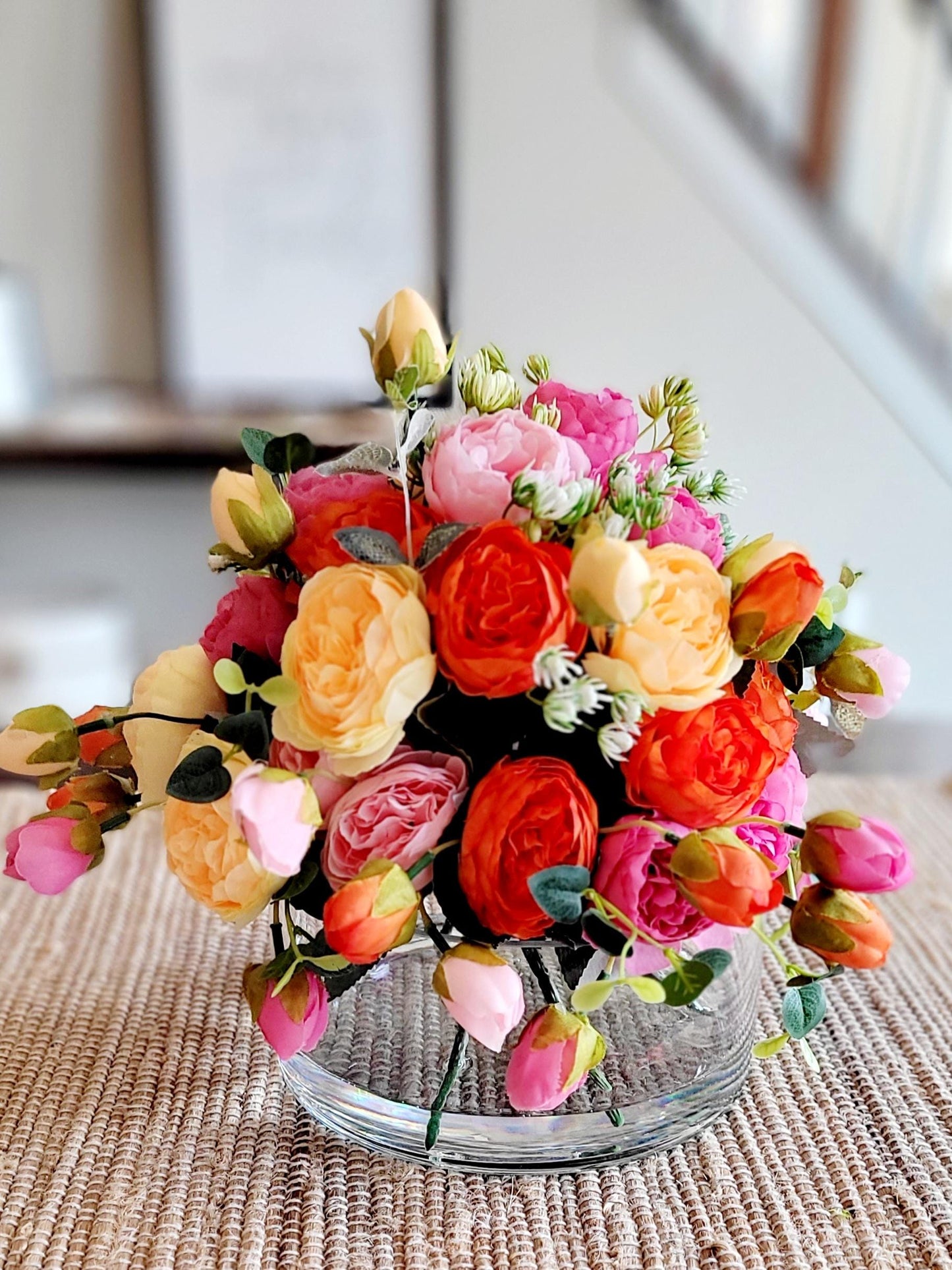 Silk Floral Arrangement Glass Vase Mothers Day Gift Flowers Mom Gift Her Floral Gift Floral Colorful Arrangement Dining Table Peony Flower