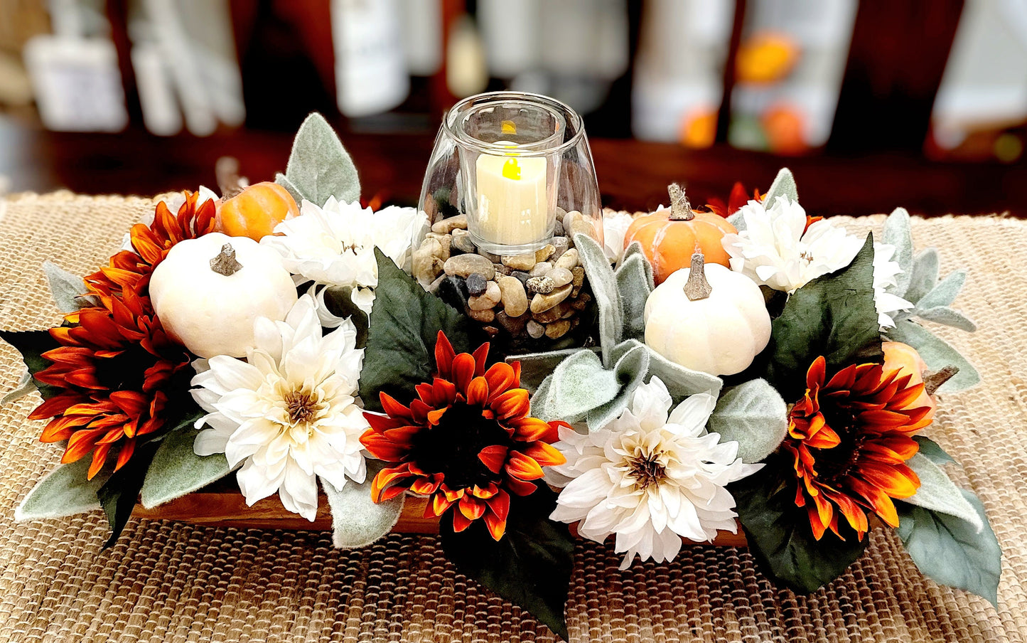 Fall Dining Room Arrangement Fall Fake Flower Sunflower Centerpiece Orange Sunflower Dough Bowl Arrangement Fall Candle Holder Centerpiece