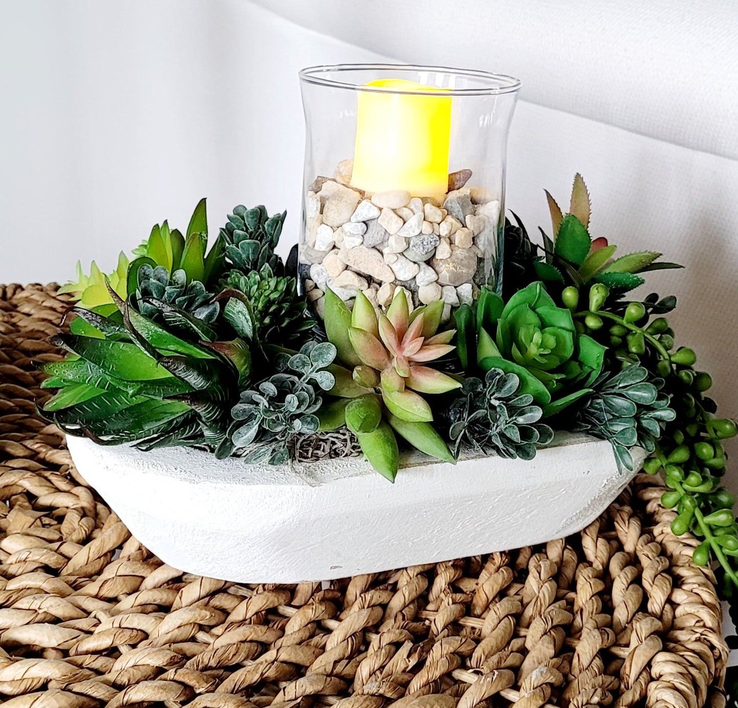 Faux Succulent Arrangement – Modern Wood Bowl Centerpiece Gift